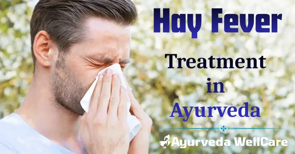 Man suffering from hay fever sneezing outdoors representing Ayurvedic treatment for allergic rhinitis and seasonal allergies